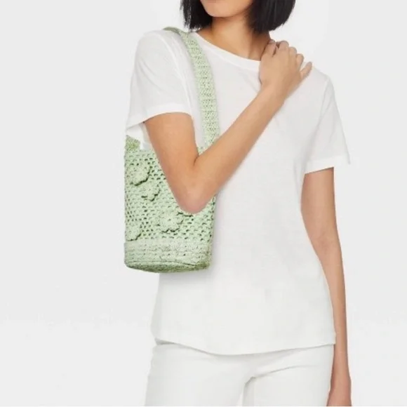 A New Day Light Green Crochet Bucket Bag - Picture 2 of 6